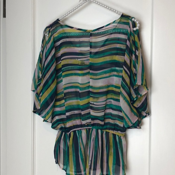 Francesca’s Cold Shoulder Green Stripe Blouse Top - Picture 4 of 4